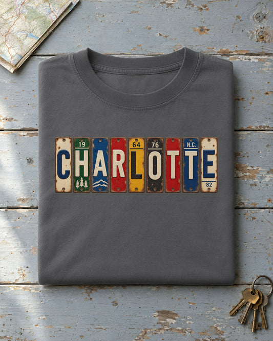 Charlotte, North Carolina vintage license plate t-shirt in Pepper