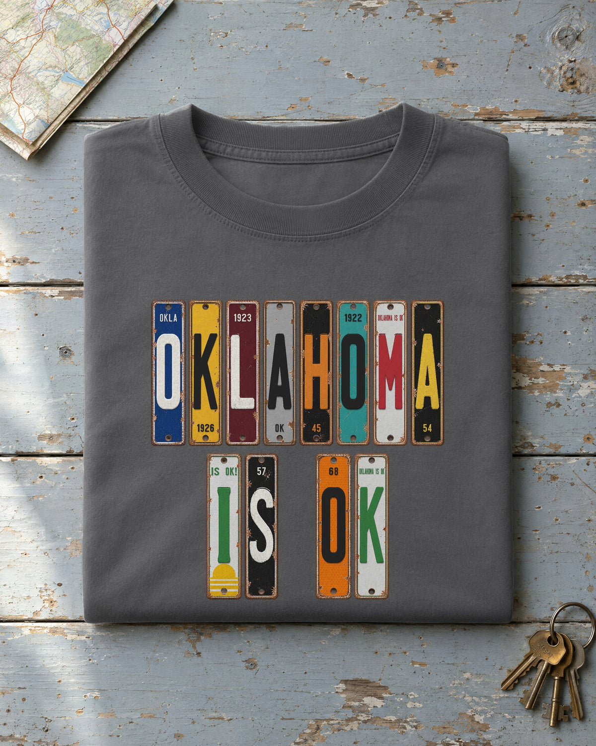 Oklahoma Is OK vintage license plate t-shirt in Pepper
