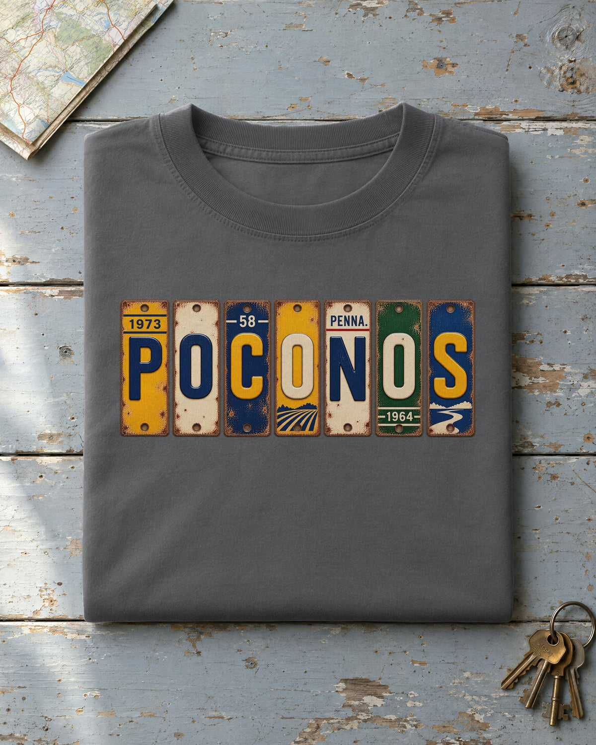 Poconos, Pennsylvania vintage license plate t-shirt in Pepper