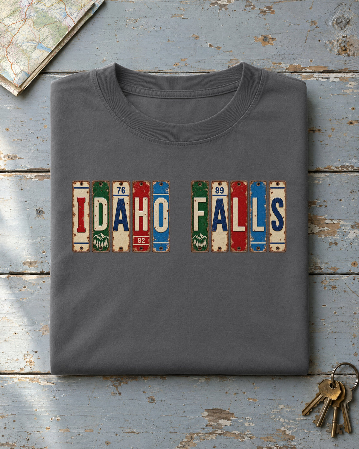 Idaho Falls, Idaho vintage license plate t-shirt in Pepper