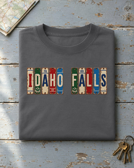 Idaho Falls, Idaho vintage license plate t-shirt in Pepper