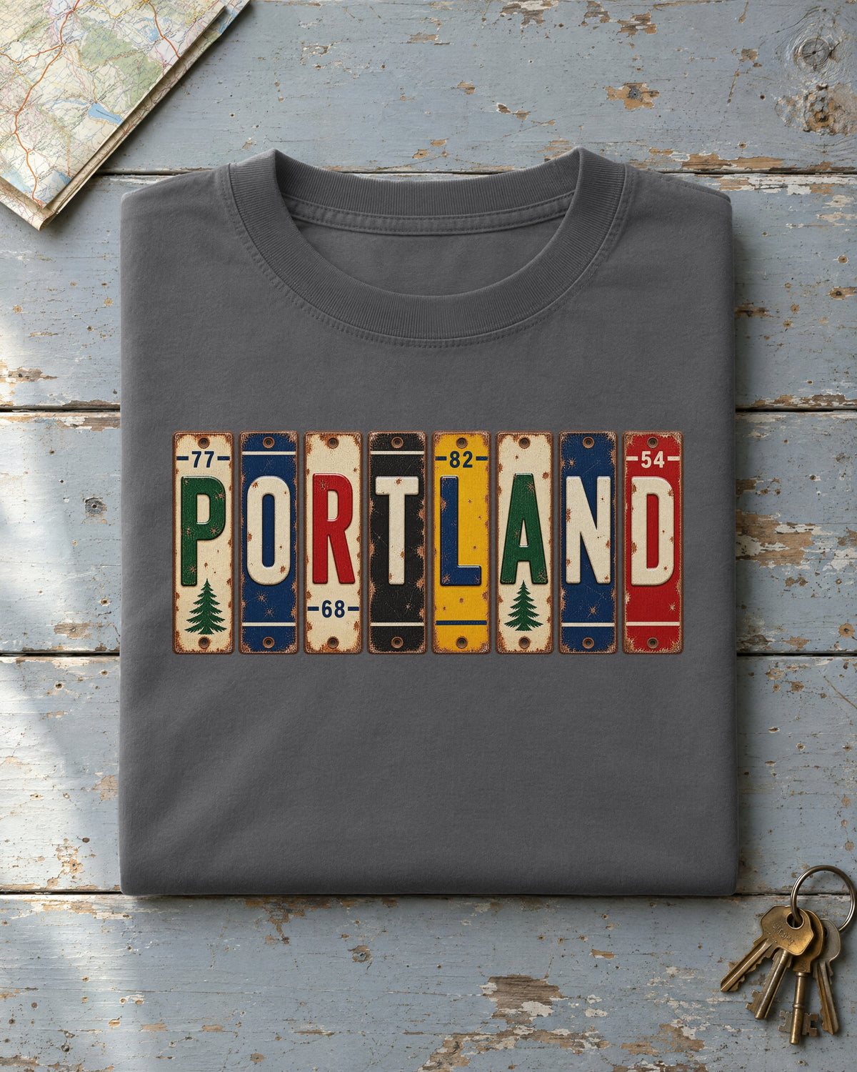 Portland, Maine vintage license plate t-shirt in Pepper