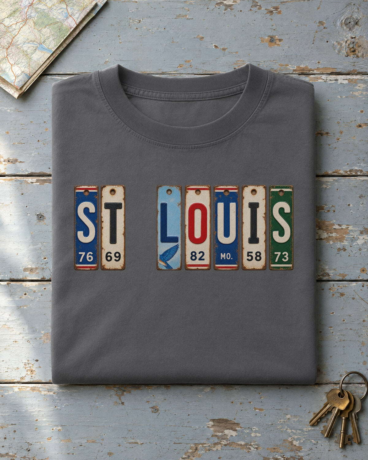 St. Louis, Missouri vintage license plate t-shirt in Pepper