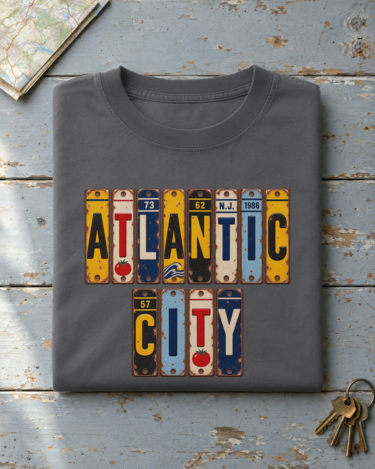 Atlantic City, New Jersey vintage license plate t-shirt in Pepper