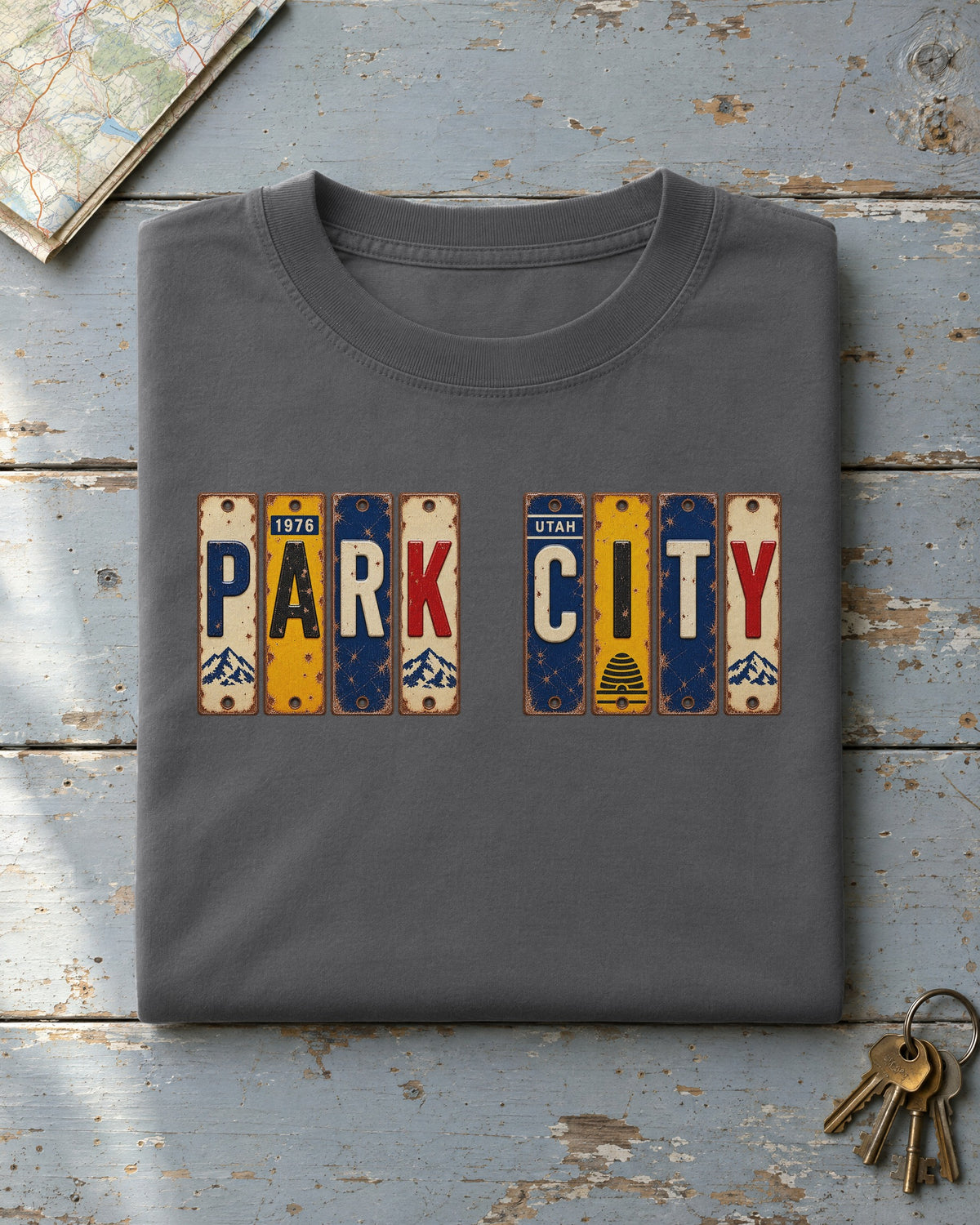 Park City, Utah vintage license plate t-shirt in Pepper