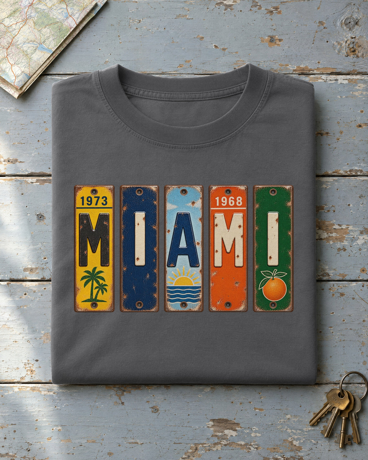 Miami, Florida vintage license plate t-shirt in Pepper