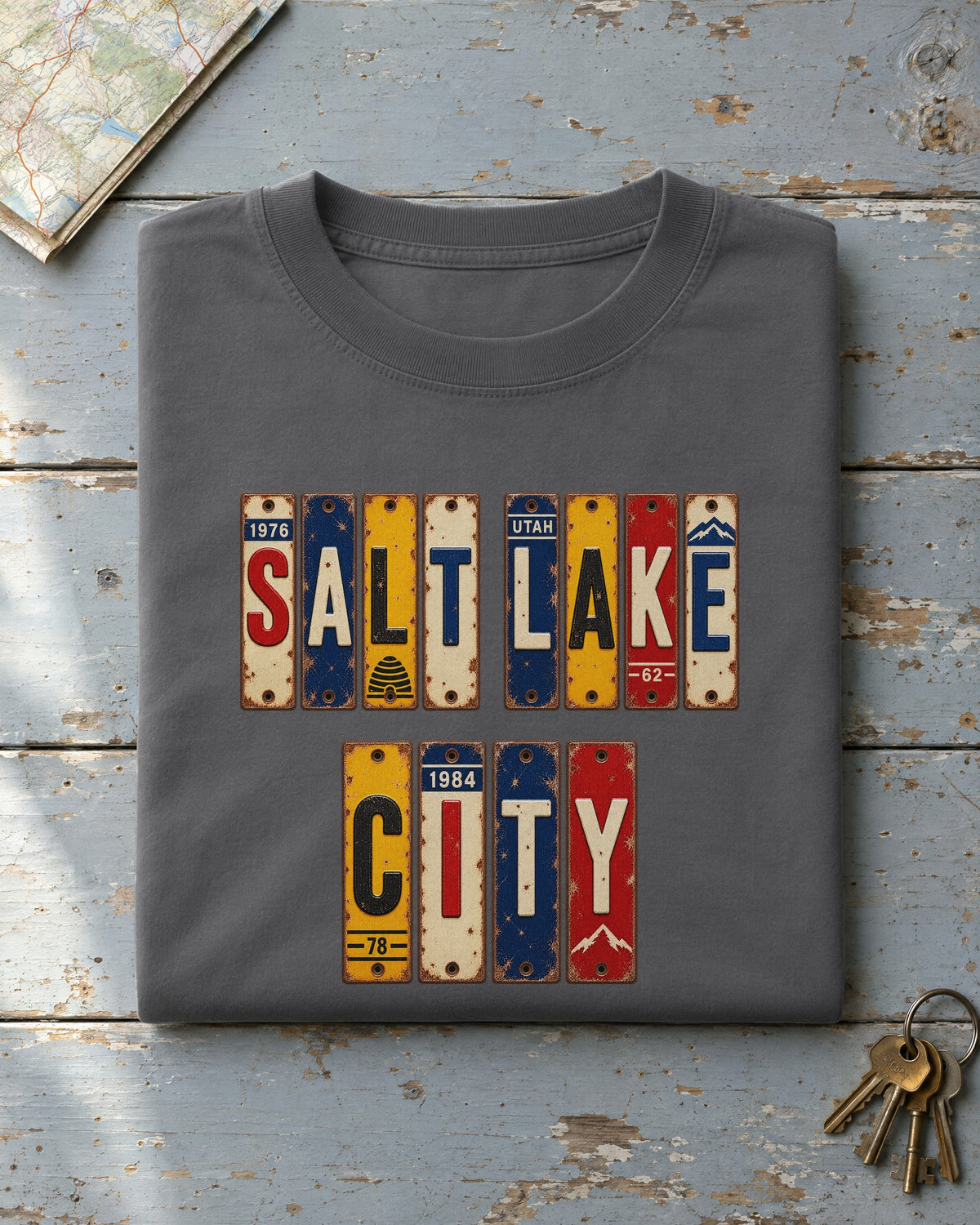 Salt Lake City, Utah vintage license plate t-shirt in Pepper