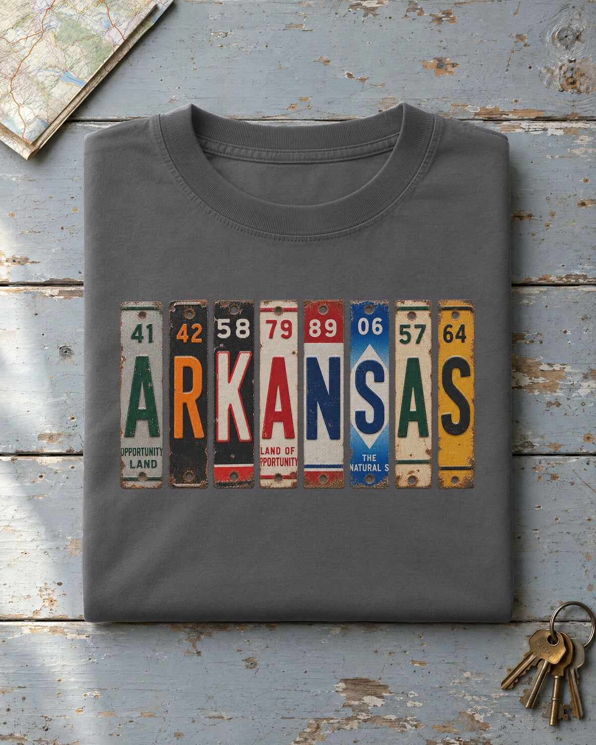 Arkansas vintage license plate t-shirt in Pepper
