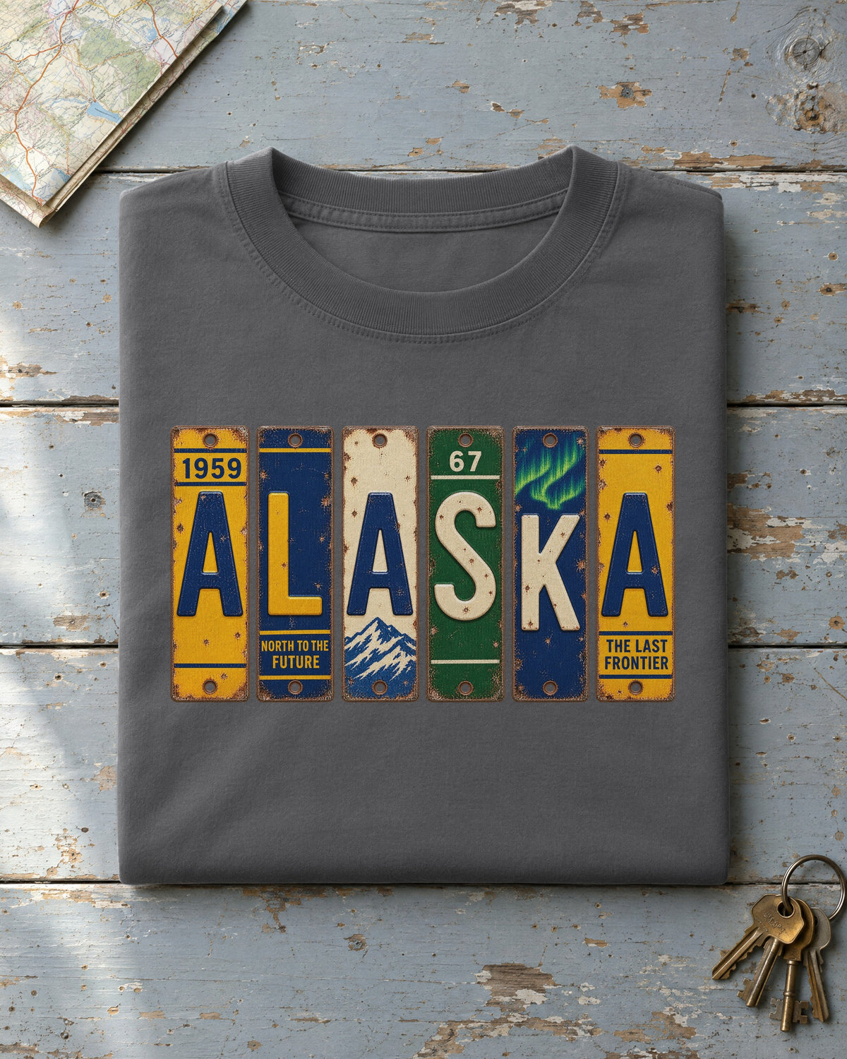Alaska vintage license plate t-shirt in Pepper