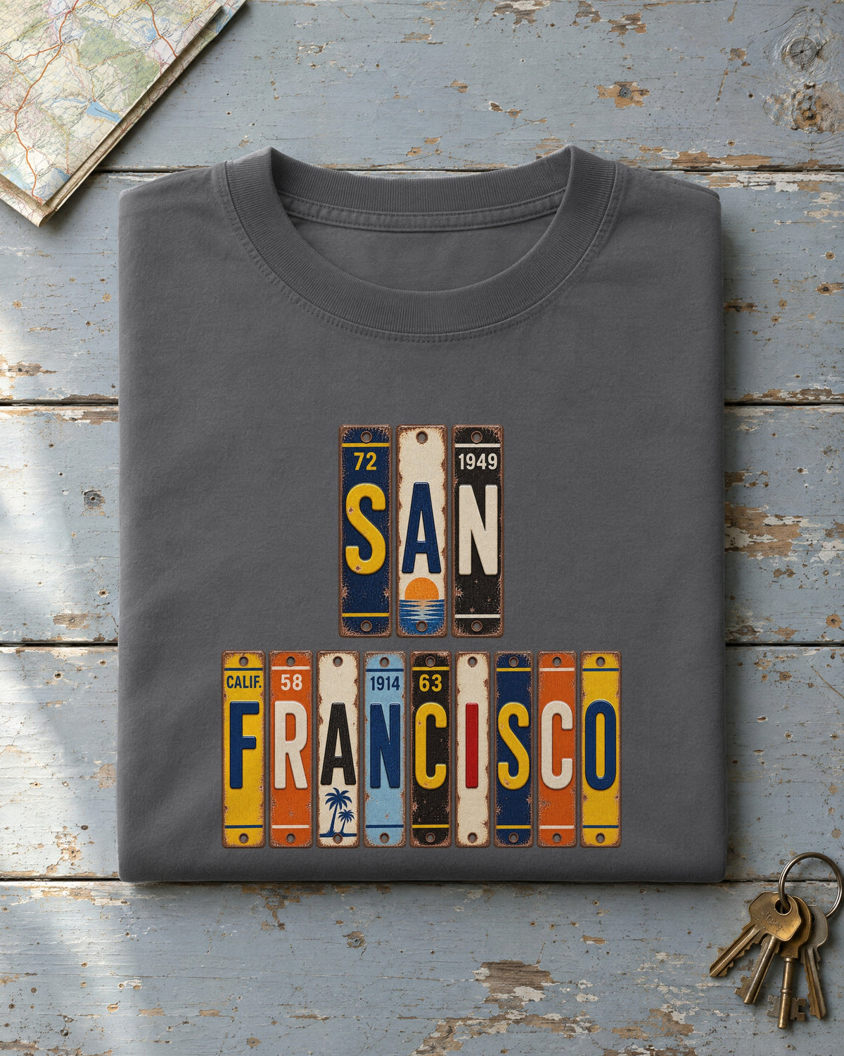San Francisco, California vintage license plate t-shirt in Pepper