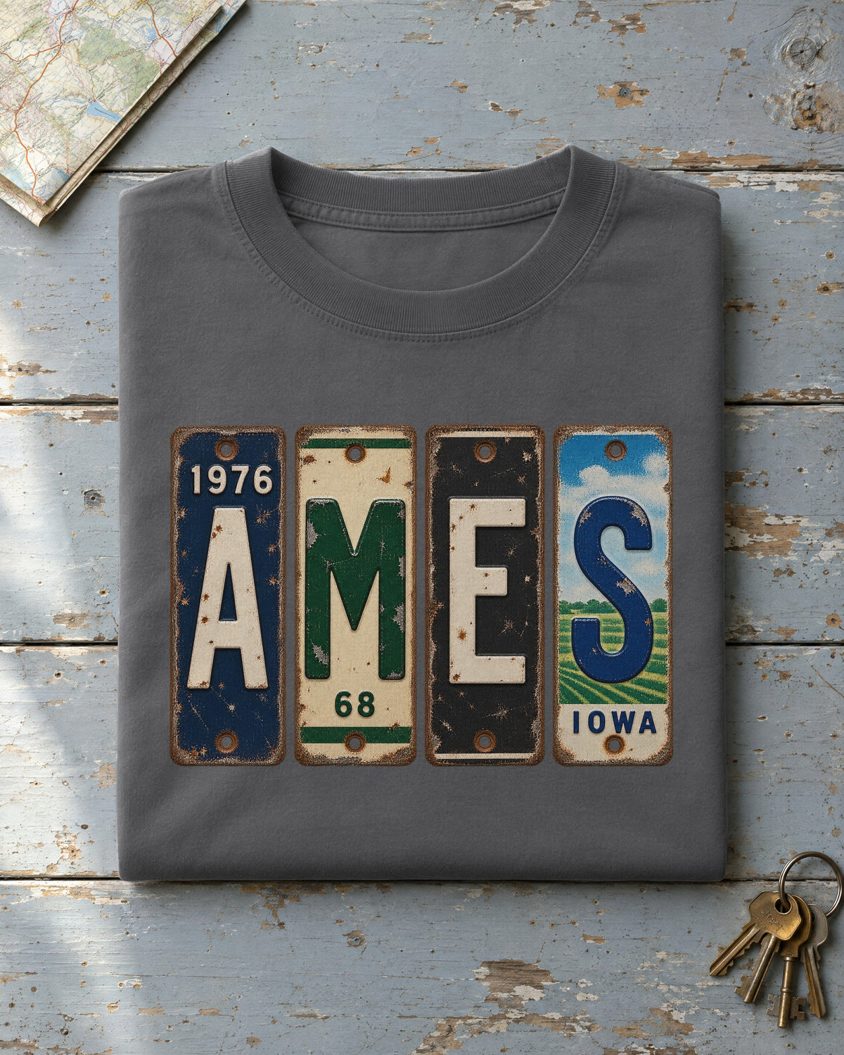 Ames, Iowa vintage license plate t-shirt in Pepper