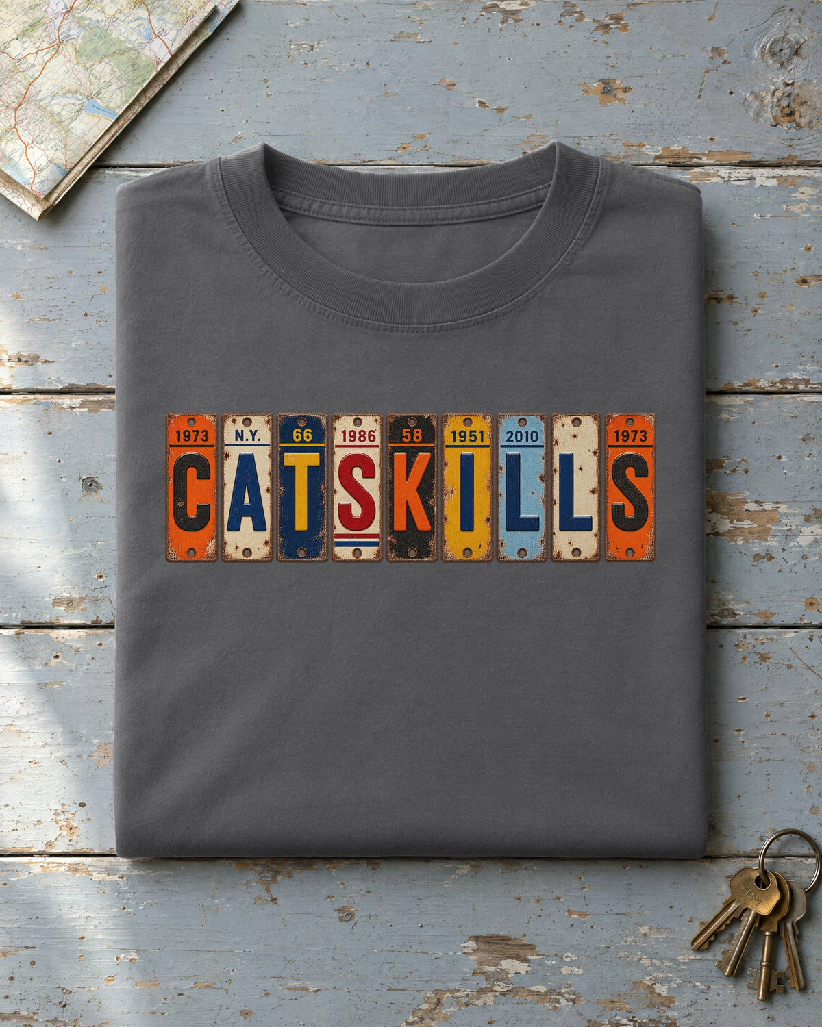 Catskills, New York vintage license plate t-shirt in Pepper
