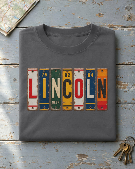 Lincoln, Nebraska vintage license plate t-shirt in Pepper