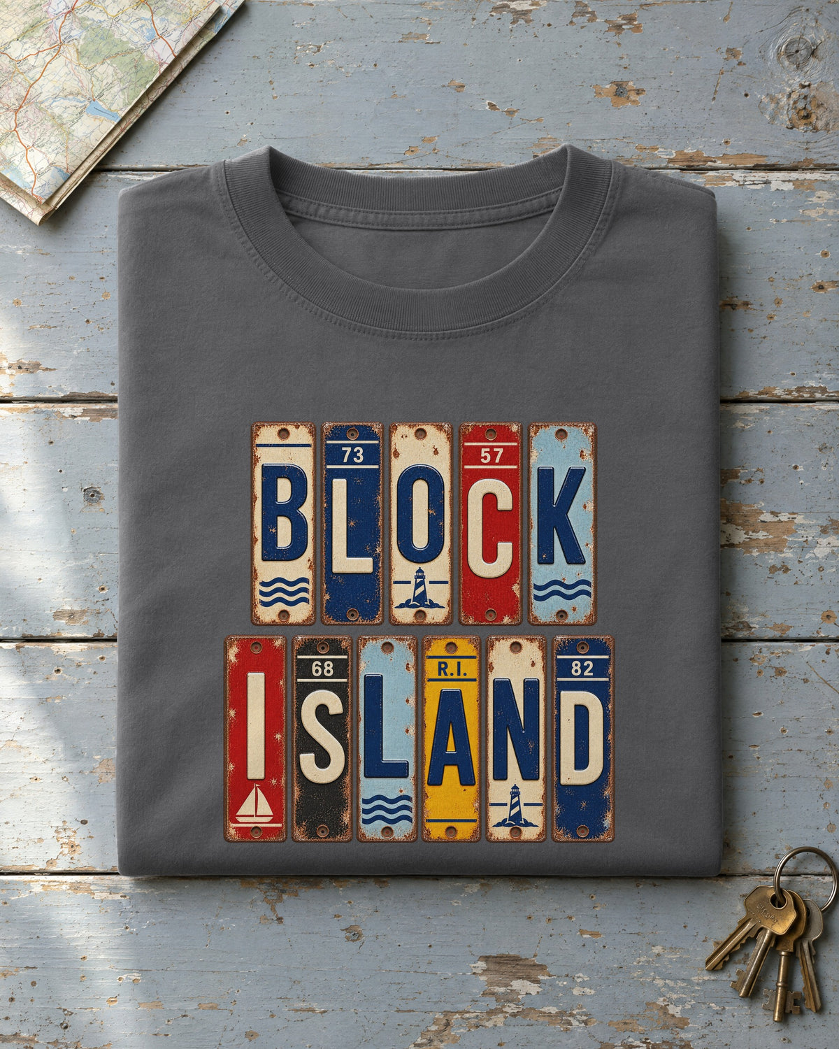 Block Island, Rhode Island vintage license plate t-shirt in Pepper