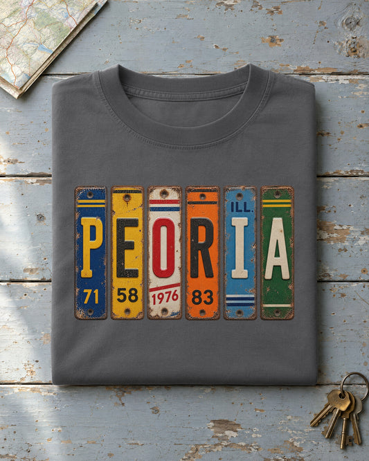 Peoria, Illinois vintage license plate t-shirt in Pepper