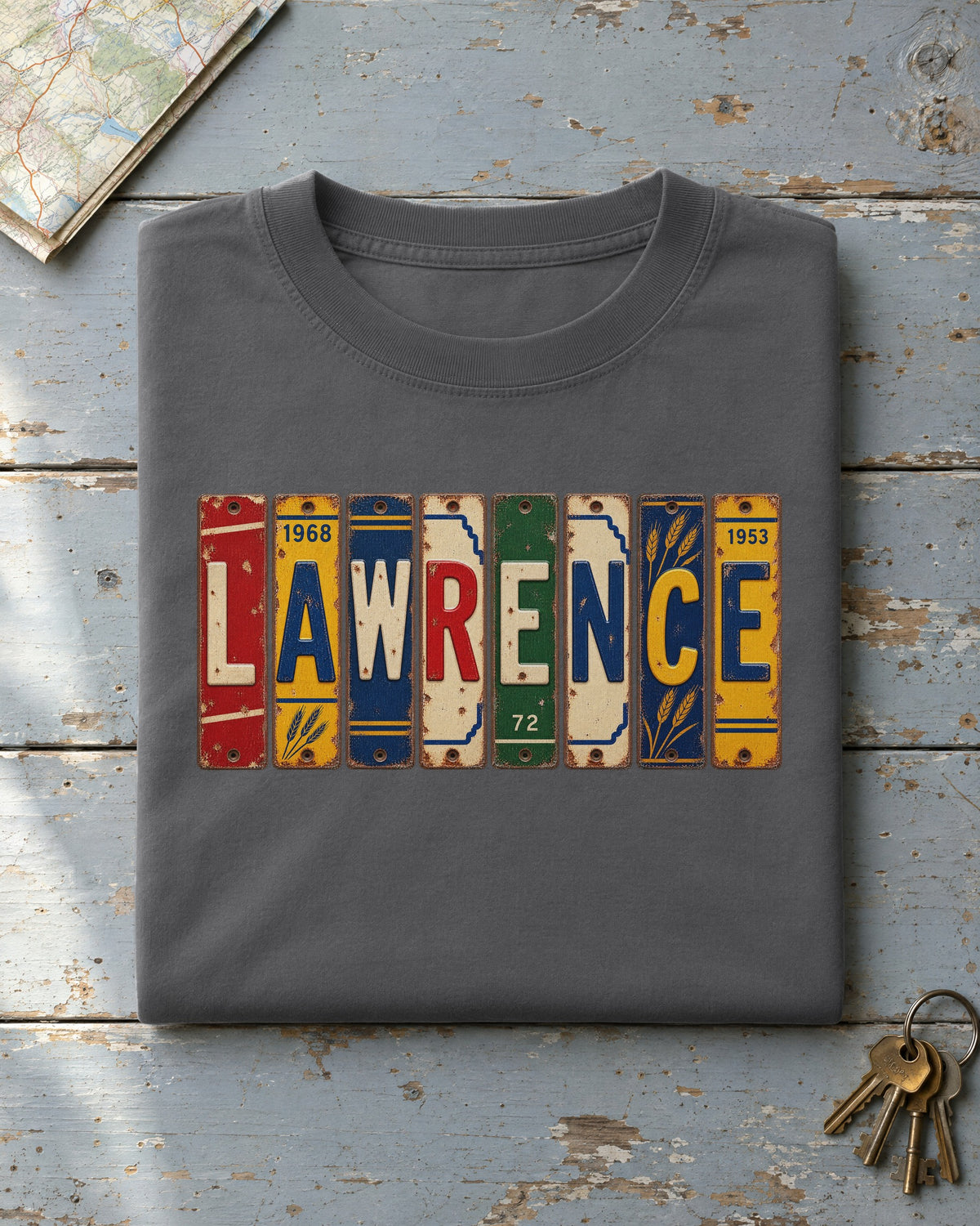 Lawrence, Kansas vintage license plate t-shirt in Pepper