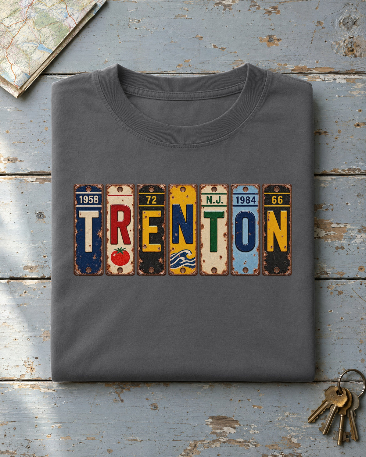 Trenton, New Jersey vintage license plate t-shirt in Pepper