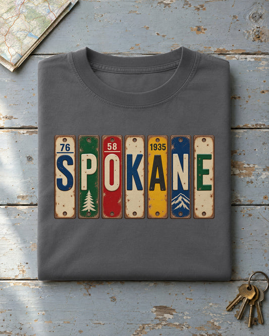 Spokane, Washington vintage license plate t-shirt in Pepper