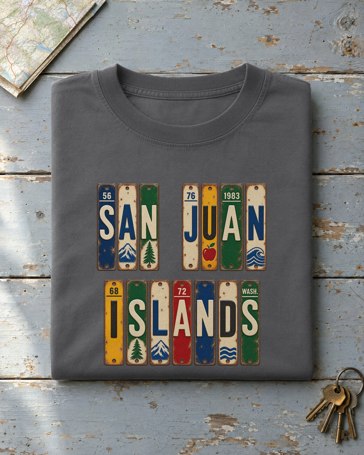 San Juan Islands, Washington vintage license plate t-shirt in Pepper