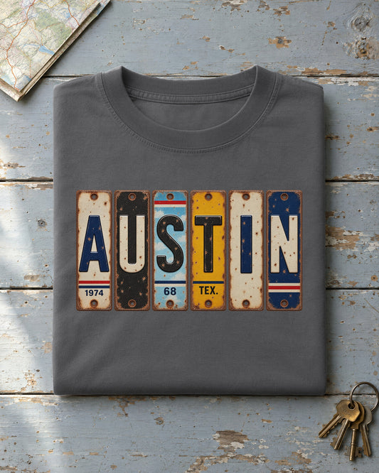 Austin, Texas vintage license plate t-shirt in Pepper