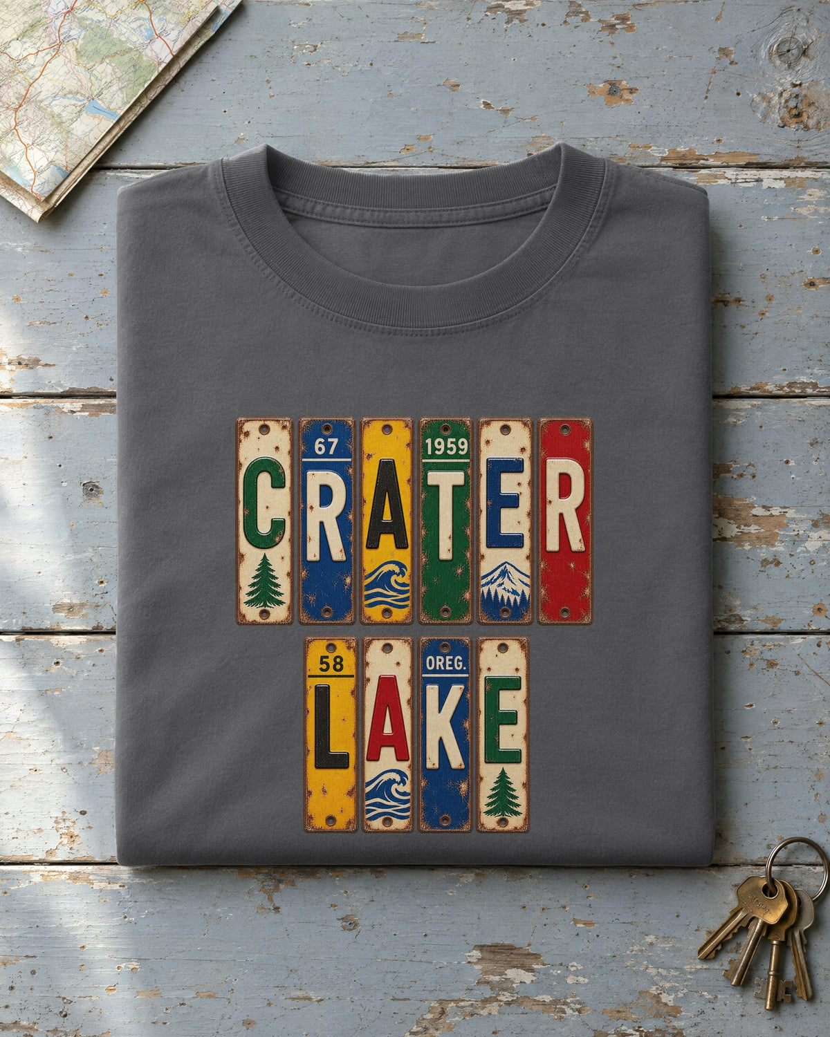 Crater Lake, Oregon vintage license plate t-shirt in Pepper