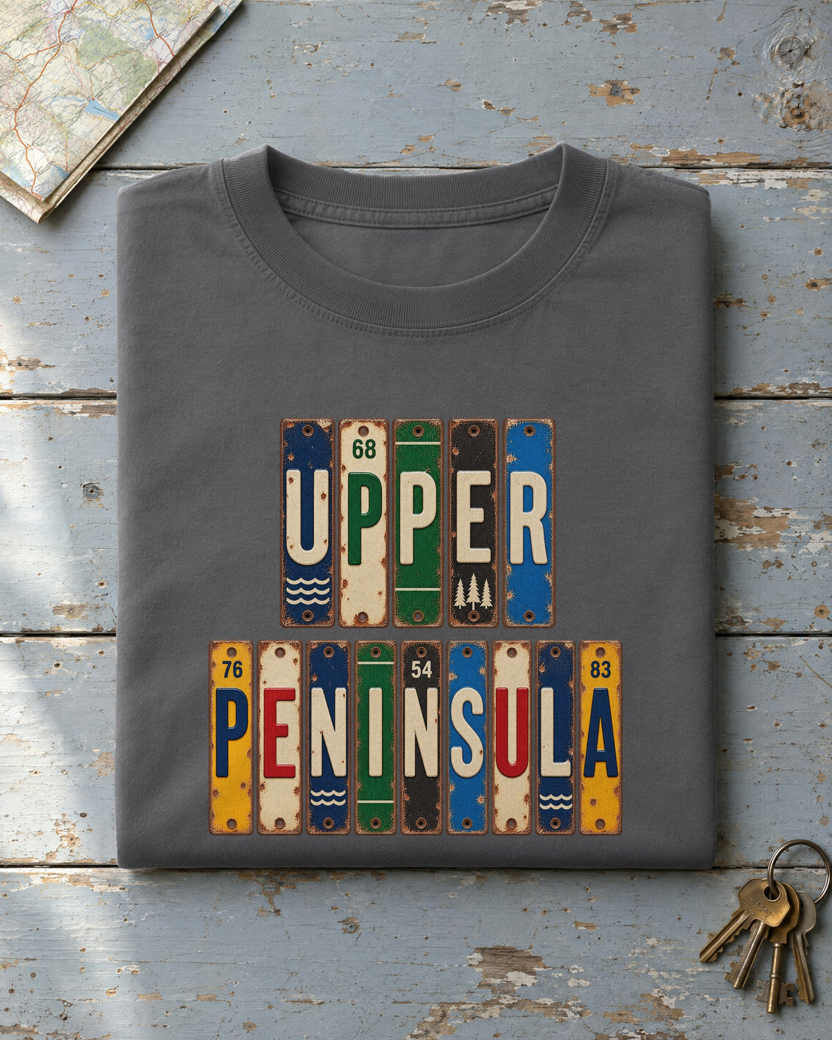 Upper Peninsula, Michigan vintage license plate t-shirt in Pepper