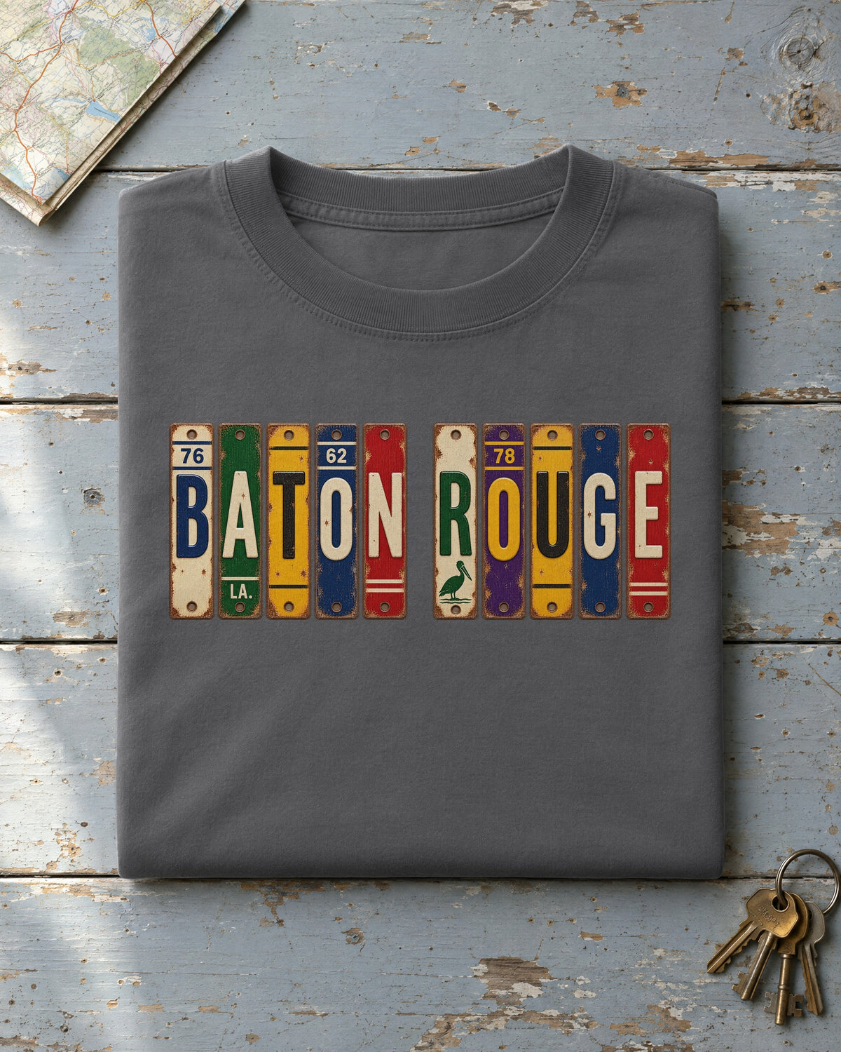 Baton Rouge, Louisiana vintage license plate t-shirt in Pepper
