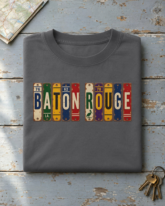 Baton Rouge, Louisiana vintage license plate t-shirt in Pepper