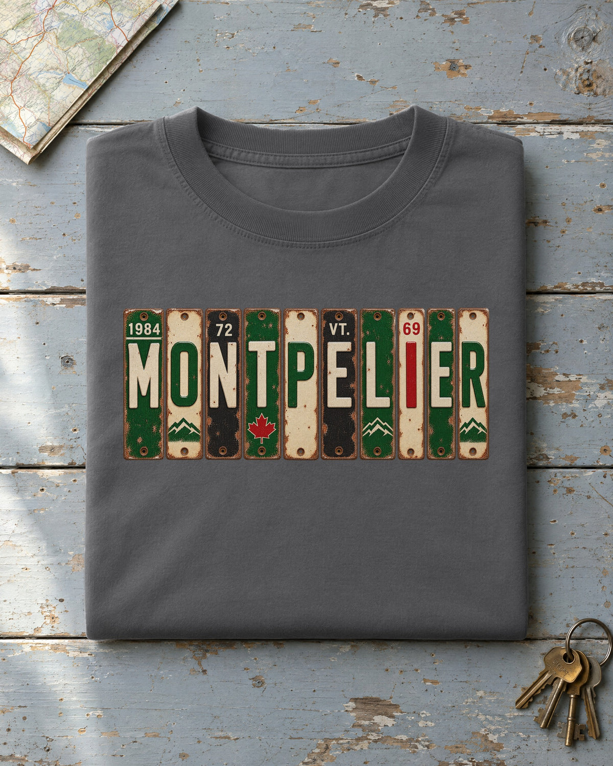 Montpelier, Vermont vintage license plate t-shirt in Pepper