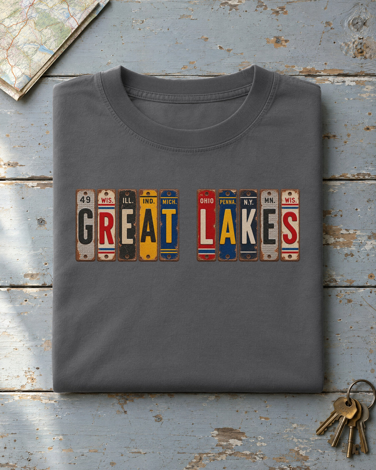 Great Lakes vintage license plate t-shirt in Pepper