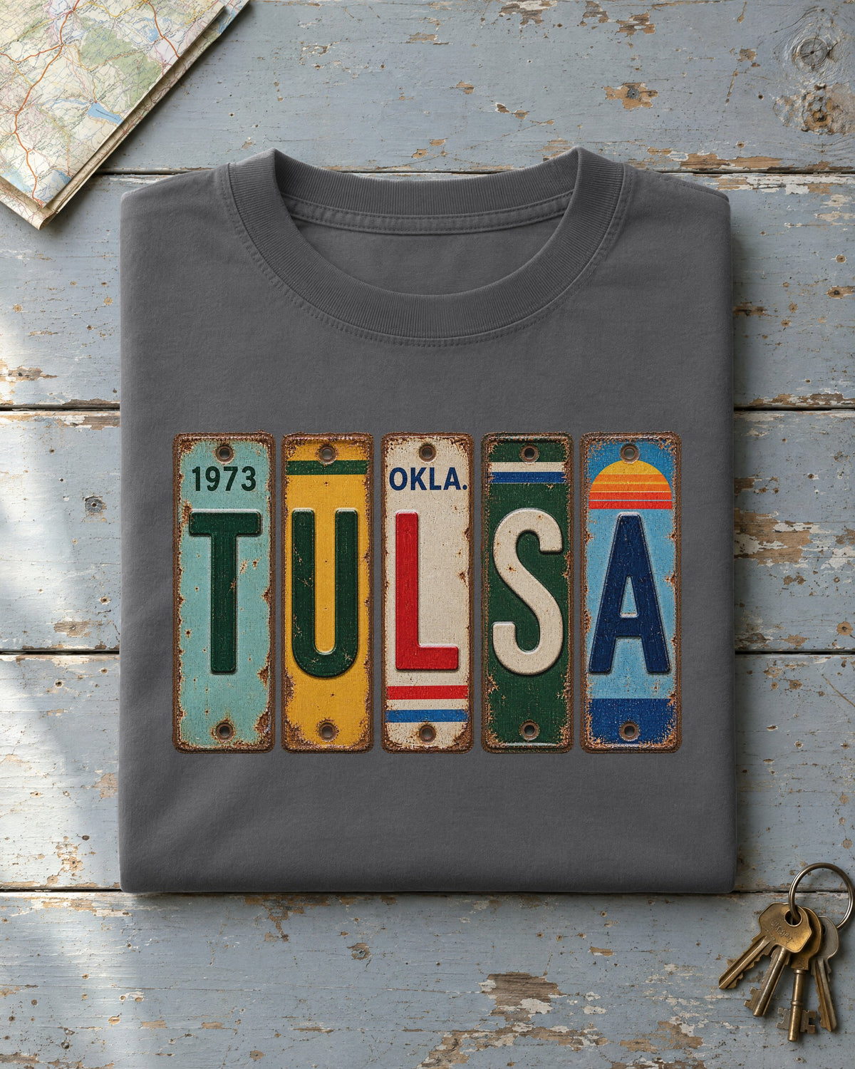 Tulsa, Oklahoma vintage license plate t-shirt in Pepper