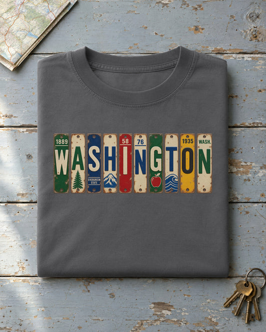Washington vintage license plate t-shirt in Pepper