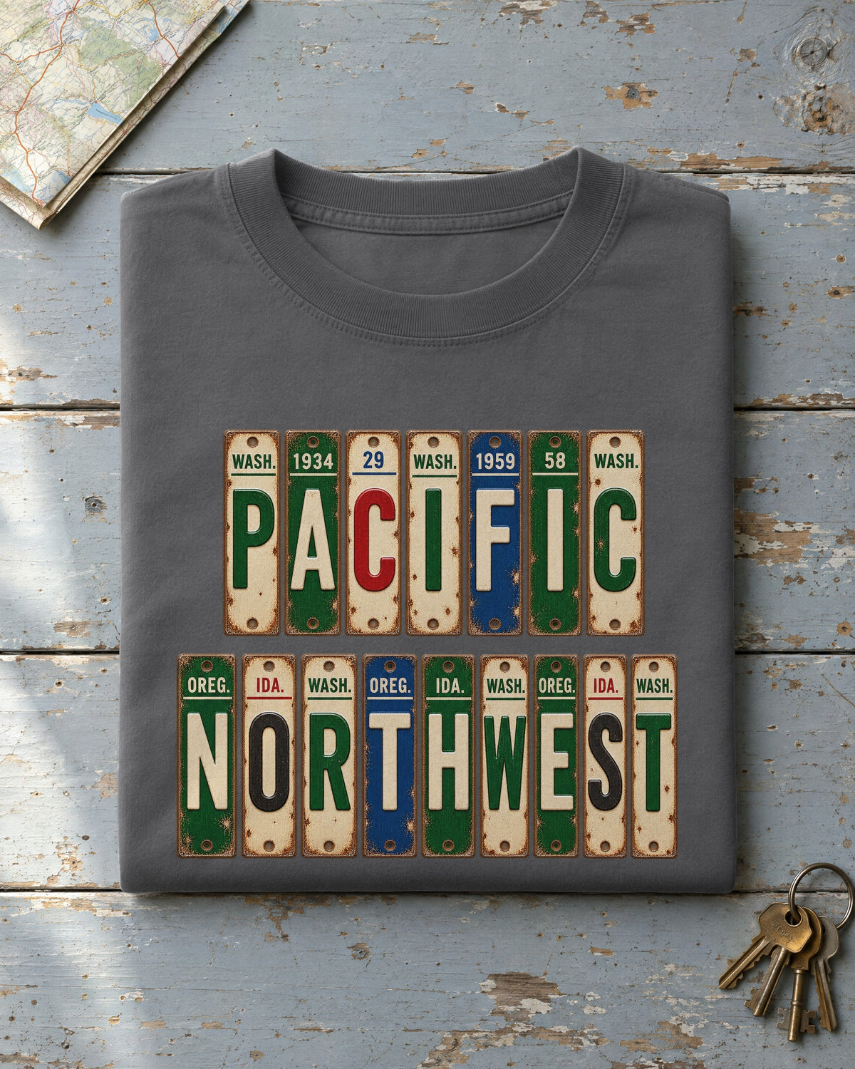Pacific Northwest vintage license plate t-shirt in Pepper