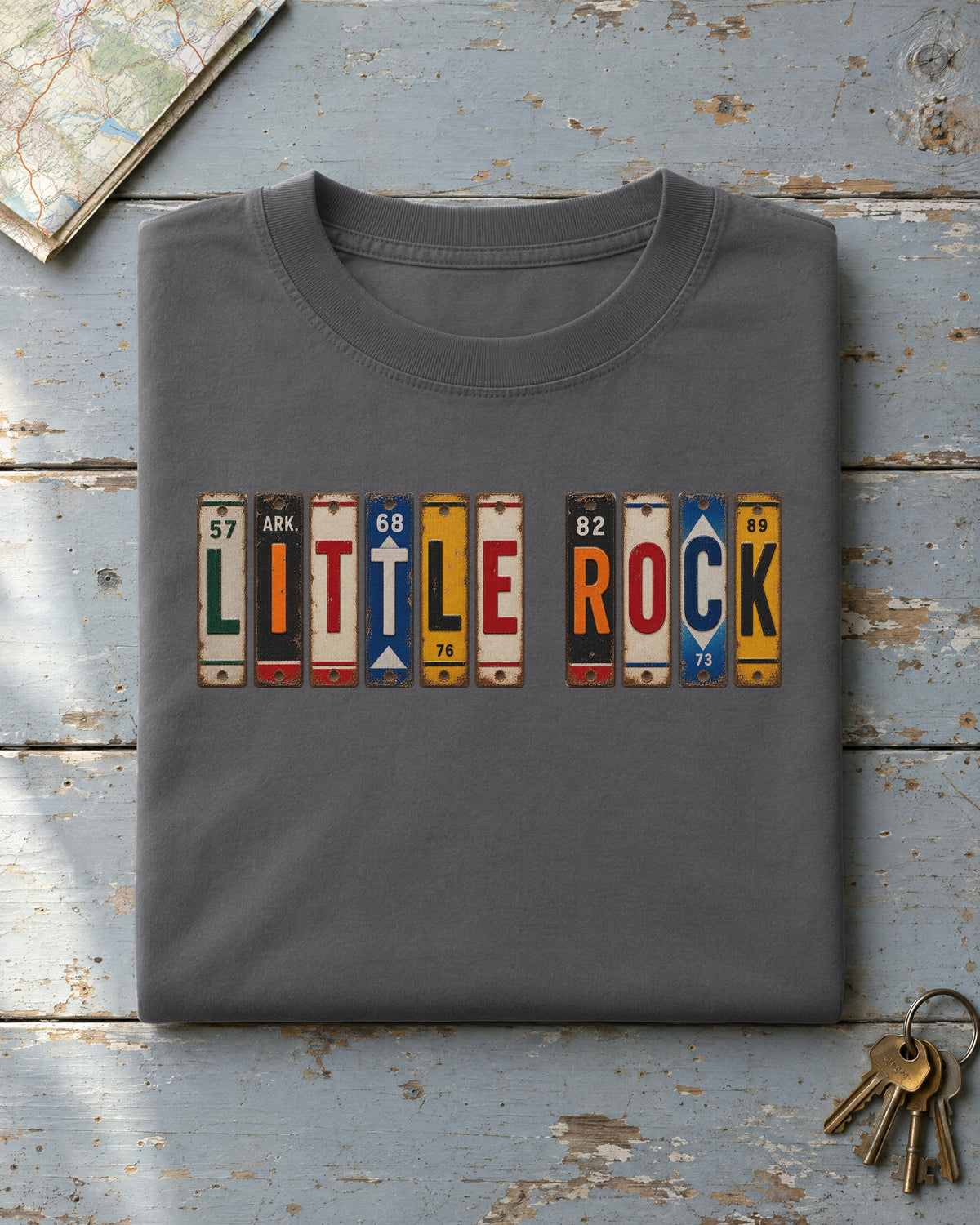 Little Rock, Arkansas vintage license plate t-shirt in Pepper