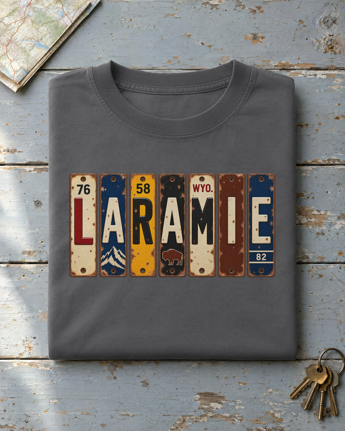 Laramie, Wyoming vintage license plate t-shirt in Pepper