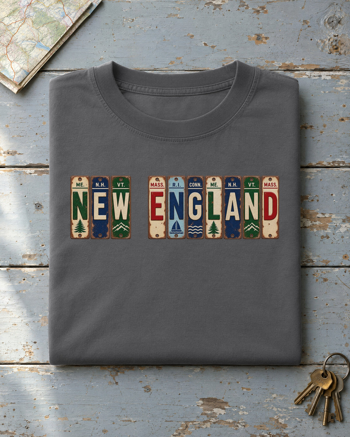 New England vintage license plate t-shirt in Pepper