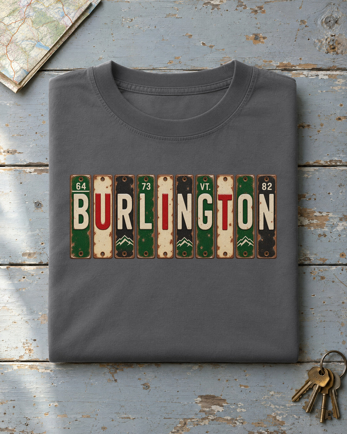 Burlington, Vermont vintage license plate t-shirt in Pepper