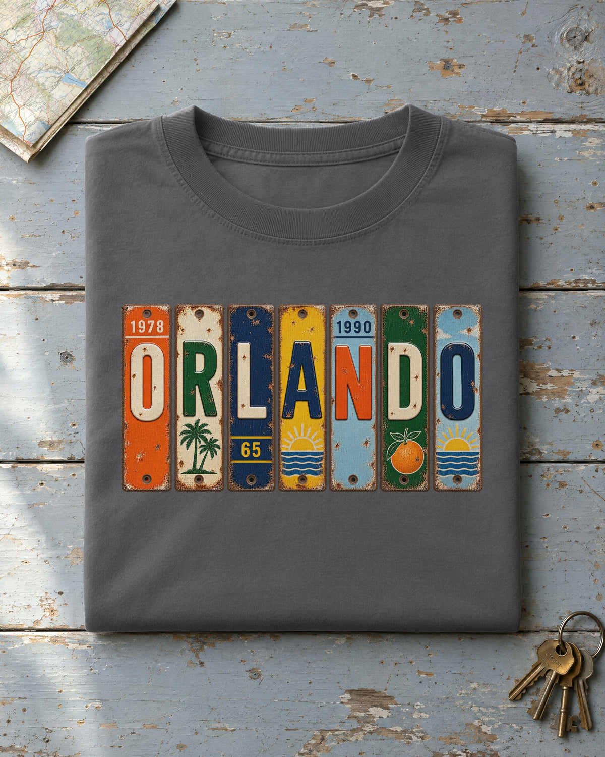 Orlando, Florida vintage license plate t-shirt in Pepper