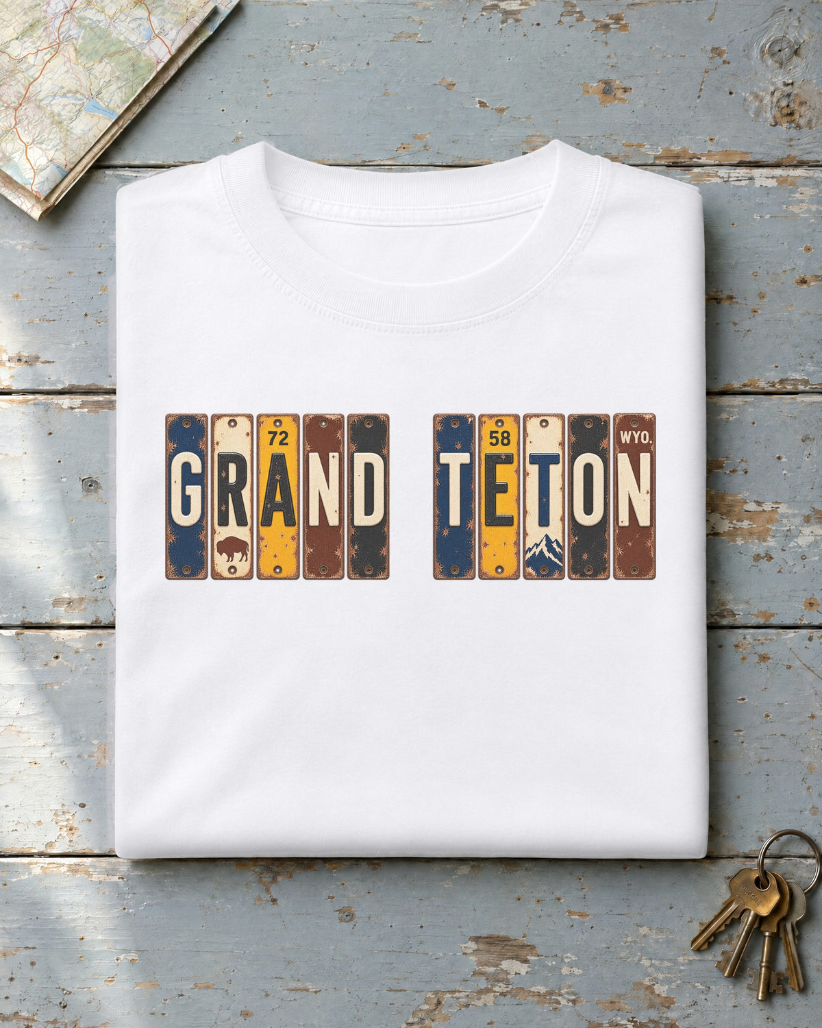 Grand Teton, Wyoming vintage license plate t-shirt in White