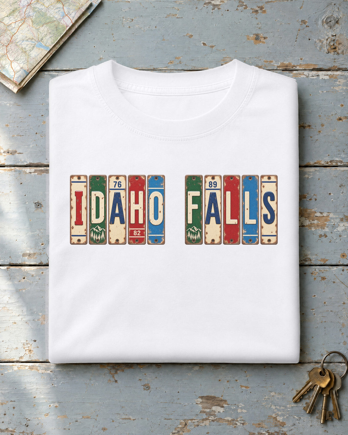 Idaho Falls, Idaho vintage license plate t-shirt in White