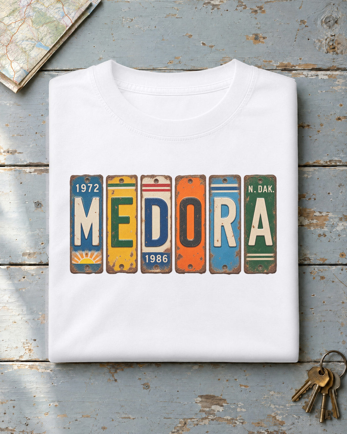 Medora, North Dakota vintage license plate t-shirt in White