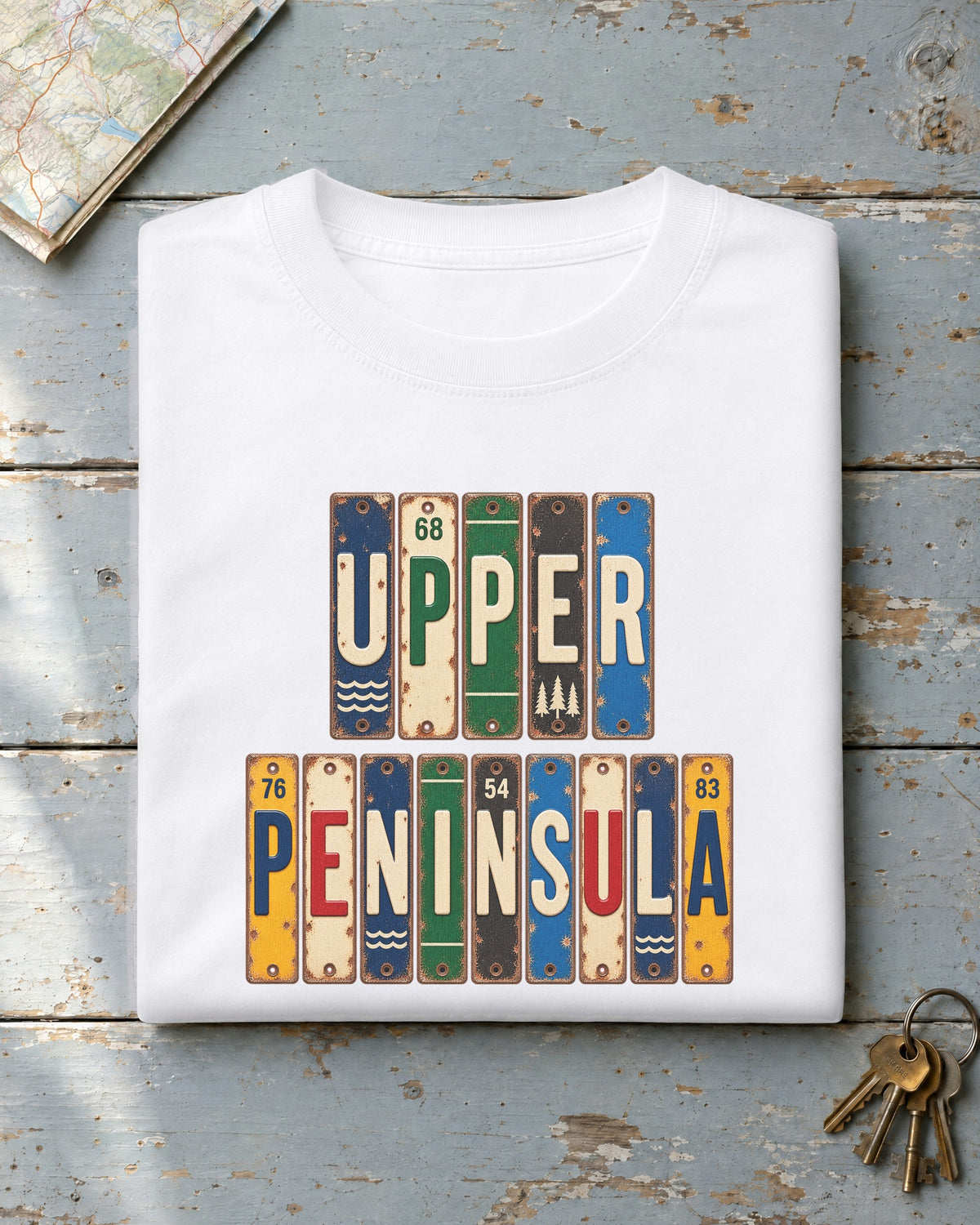 Upper Peninsula, Michigan vintage license plate t-shirt in White
