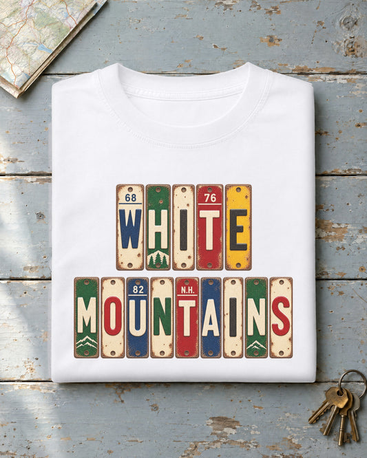 White Mountains, New Hampshire vintage license plate t-shirt in White