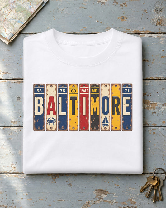 Baltimore, Maryland vintage license plate t-shirt in White