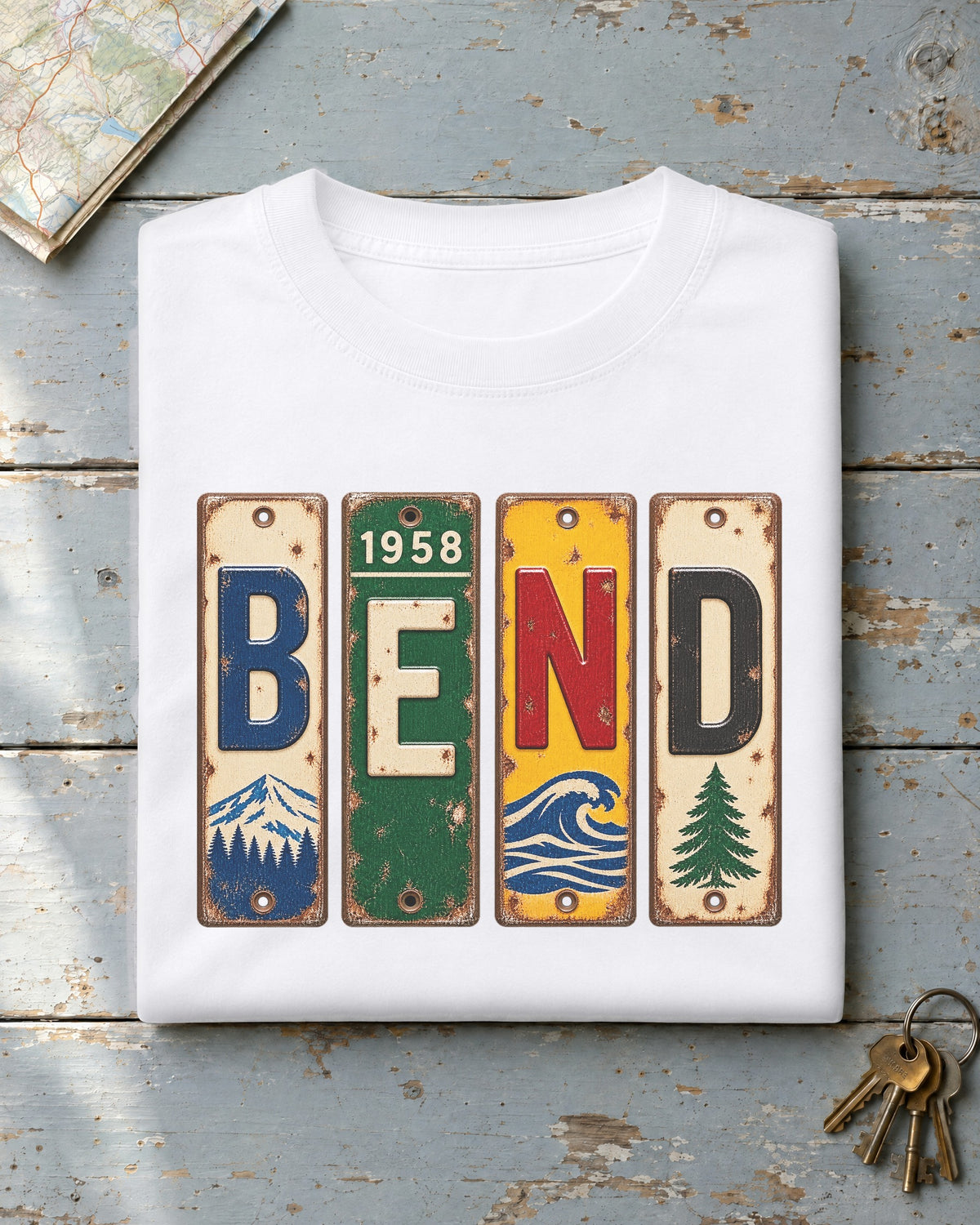 Bend, Oregon vintage license plate t-shirt in White