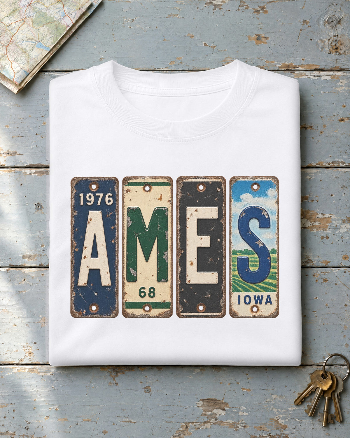 Ames, Iowa vintage license plate t-shirt in White