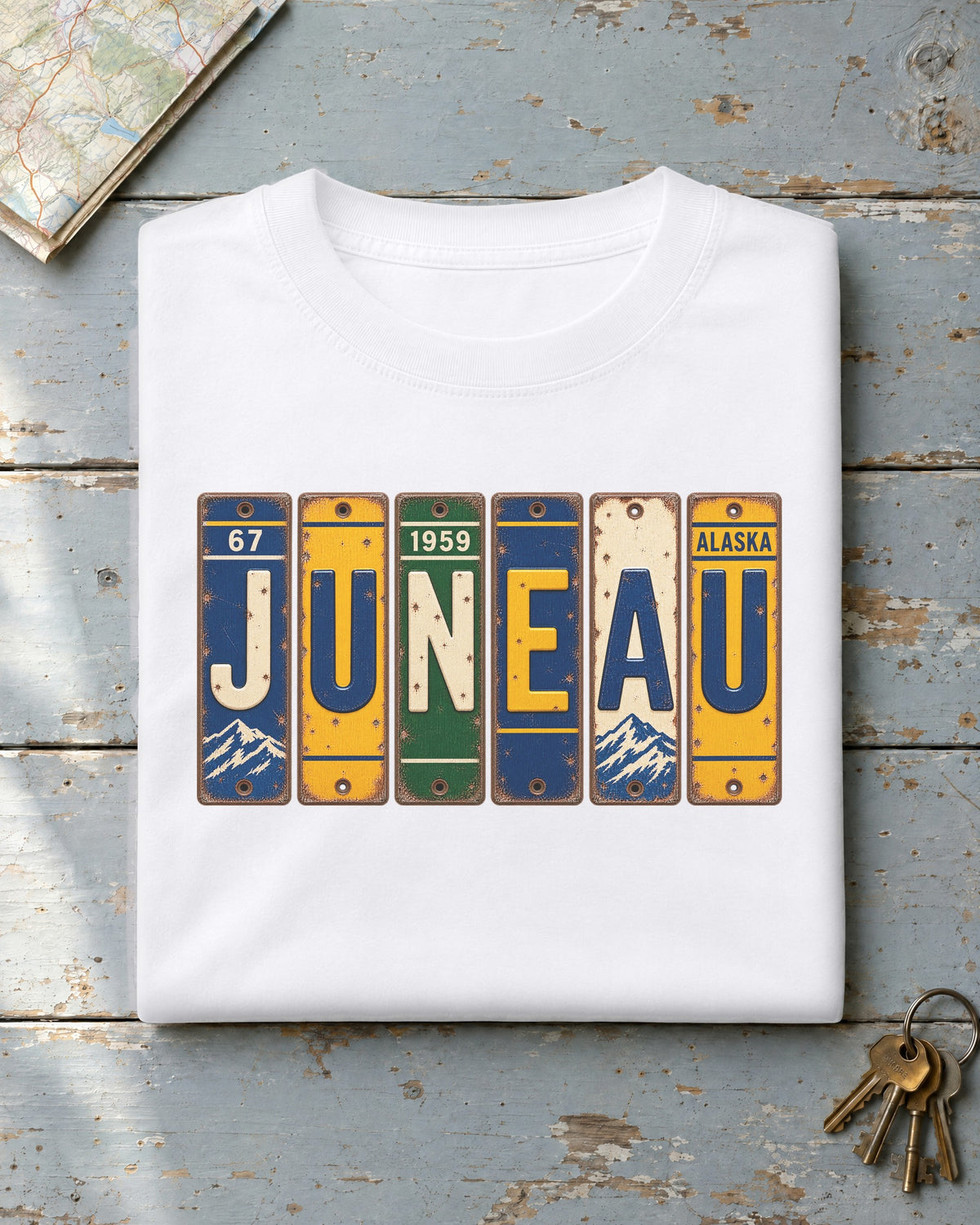 Juneau, Alaska vintage license plate t-shirt in White