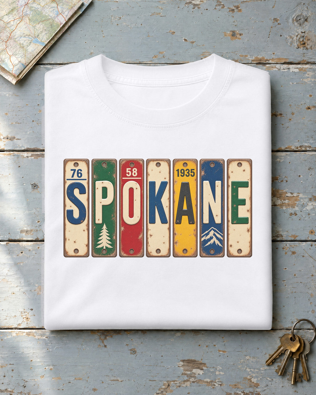 Spokane, Washington vintage license plate t-shirt in White