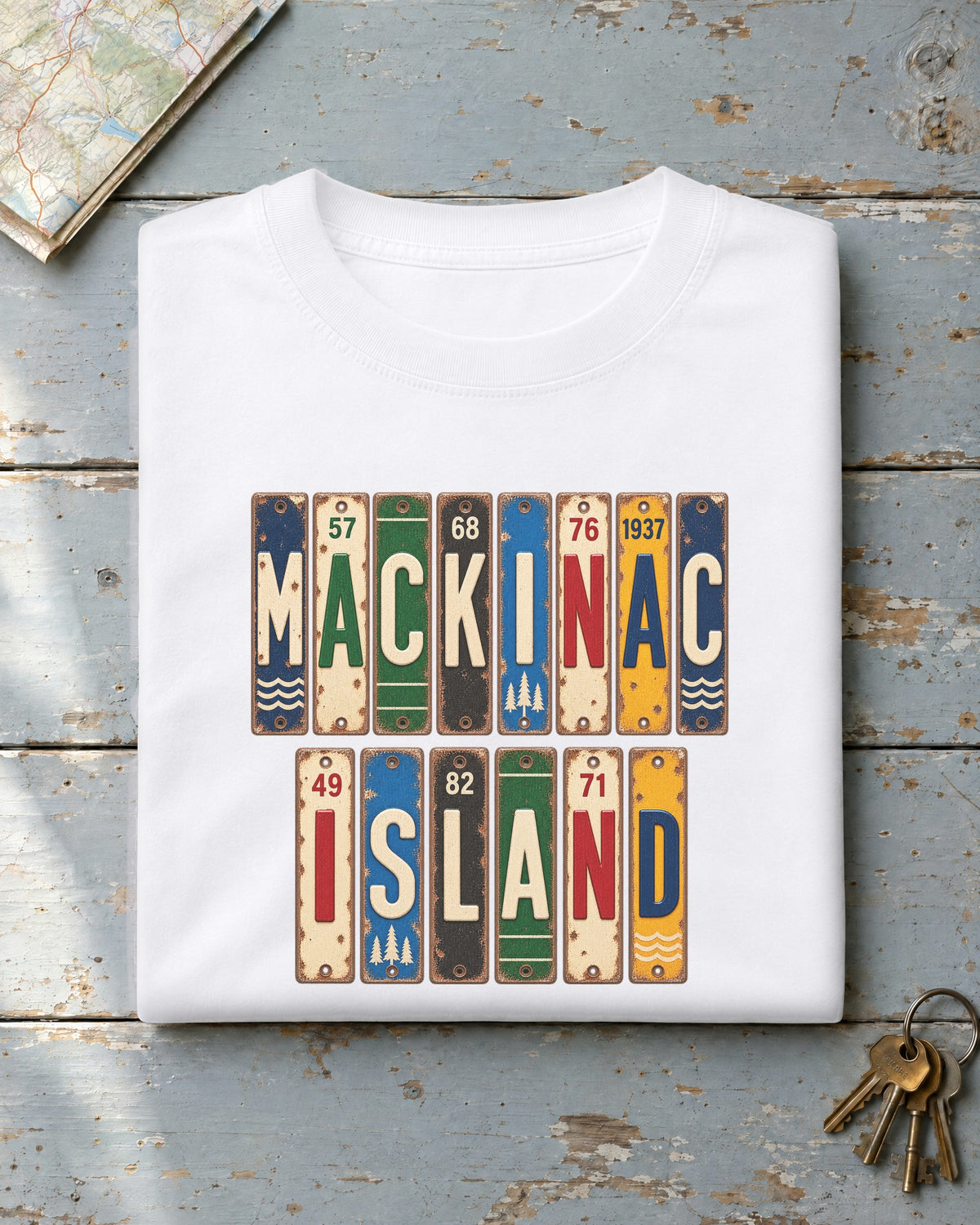 Mackinac Island, Michigan vintage license plate t-shirt in White