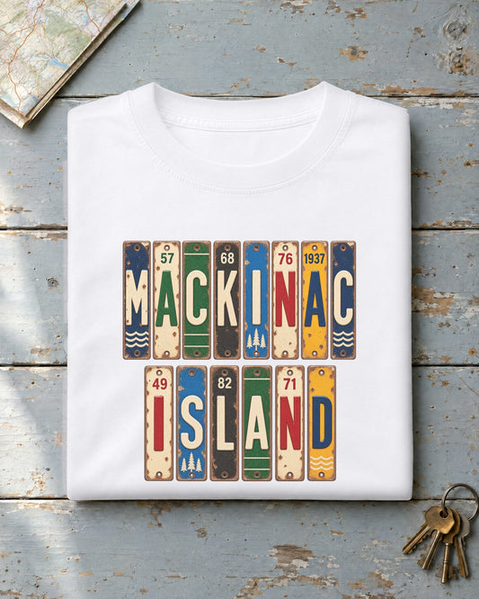 Mackinac Island, Michigan vintage license plate t-shirt in White